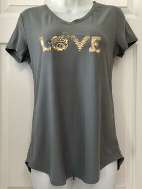Grey Short Sleeve V-Neck Top with Gold